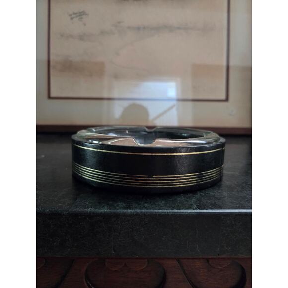 Vintage 6.25" Glass & Black Leather Wrapped Ashtray Gold Stripe Mid Century - Picture 3 of 6